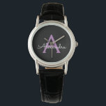 Montre Purple Black Script Girl Nom du monogramme<br><div class="desc">Monogramme simple noir et violet Monogramme Nom Montre. Cela fait le cadeau parfait de remise de diplômes,  anniversaire,  mariage,  douche nuptiale,  anniversaire,  baby shower ou bachelorette pour quelqu'un qui aime le luxe glam et les styles chic.</div>