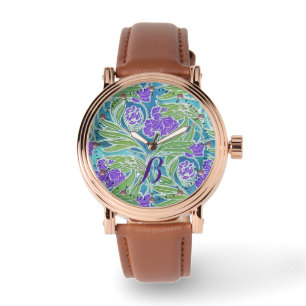 MONTRE PURPLE FLEUR DE LIS, VERT FEUILLE AQUA BLEU FLORAL