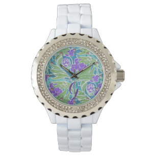 MONTRE PURPLE FLEUR DE LIS, VERT FEUILLE AQUA BLEU FLORAL