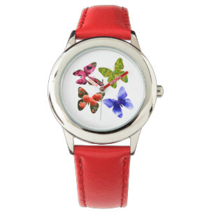 Montre Quatre Papillons Fleurs, Cuir Enfants
