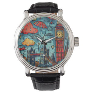 Montre Rainy Day à Londres, Illustration colorée du Doodl