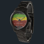 Montre Rayures de peinture rastafarienne Nom personnalisé<br><div class="desc">Montrez votre fierté dans les idéaux d'un amour, de la paix et de l'unité avec le créateur avec cette montre rouge, vert et jaune drapeau rastafarien rayures. Vous avez la possibilité d'ajouter un nom sur le devant de la montre ou de le laisser vide.</div>