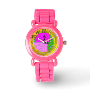 Montre Rectangles Carrés géométriques rose vert jaune