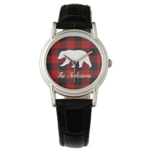 Montre Red Buffalo Plaid & Bear Nom personnel Cadeau