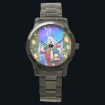 Montre Red Christmas Santa Claus In Winter eWatch<br><div class="desc">Montage de photos et graphisme d'une statue du Père Noël portant un sac de jouets et une cloche dans un arrière - plan de montagne bleu d'hiver. Il y a un arrière - plan de sapin vert étincelant avec des boules de Noël dorées.</div>