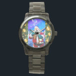 Montre Red Christmas Santa Claus In Winter eWatch<br><div class="desc">Montage de photos et graphisme d'une statue du Père Noël portant un sac de jouets et une cloche dans un arrière - plan de montagne bleu d'hiver. Il y a un arrière - plan de sapin vert étincelant avec des boules de Noël dorées.</div>
