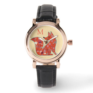 Montre Renard à monogramme à motif floral d'art populaire