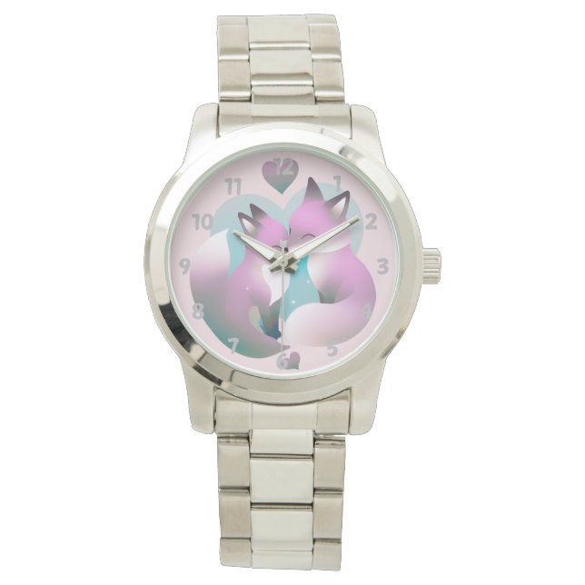 Montre Renards Roses Et Gris Mignons Baiser Valentin (devant)