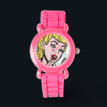 Montre Retro Comic Book Cutie Watch<br><div class="desc">Ce design Retro Comic Book Cutie Watch comprend une jeune femme adorable tenant un rouge à lèvres compact et appliquant. La fille est sur un arrière - plan de pois blanc et bleu oeuf de robin. Le temps vole quand tu es jolie !</div>