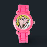 Montre Retro Comic Book Cutie Watch<br><div class="desc">Ce design Retro Comic Book Cutie Watch comprend une jeune femme adorable tenant un rouge à lèvres compact et appliquant. La fille est sur un arrière - plan de pois blanc et bleu oeuf de robin. Le temps vole quand tu es jolie !</div>