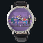 Montre Retro Gay Bar Watch<br><div class="desc">Ce design Retro Gay Bar Watch est violet, kitsch et absolument fabuleux ! Assis sur des tabourets modernes du milieu du siècle, buvant leurs boissons amusantes et roses, ces messieurs appétissants ont un bon vieux temps gay. Le barman à la cravate rose est déjà en train de couler le tour...</div>
