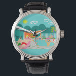 Montre Retro Gay Pool Party<br><div class="desc">Ce Retro Gay Pool Party Watch design propose quatre beefcakes à l'ancienne, gais, qui battent la chaleur de Palm Springs en se prélassant autour de l'eau bleu turquoise de leur piscine en forme de boomerang atomique. L'architecture moderne du milieu du siècle sur la fabuleuse maison en pierre orange est clairement...</div>
