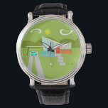 Montre Retro Palm Springs House Black Leather Watch<br><div class="desc">Cette maison rétro Palm Springs avec voiture Black Leather Watch est un rêve d'amoureux moderne du milieu du siècle. Le design minimaliste de l'art est doté d'une élégante maison en orange et en verre avec un toit en forme de coche en pente spectaculaire. La porte rouge compense la planteur de...</div>