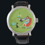Montre Retro Reading Woman Watch<br><div class="desc">Cette Retro Reading Woman Watch présente un style années 60, art minimaliste, dessin animé d'une femme qui a ses priorités dans l'ordre. Ce délicieux ver de livres est entrainé dans un vrai tourneur de page. La brunette, toute en forme, porte une robe d'aqua et des lunettes rouges, tout en tenant...</div>