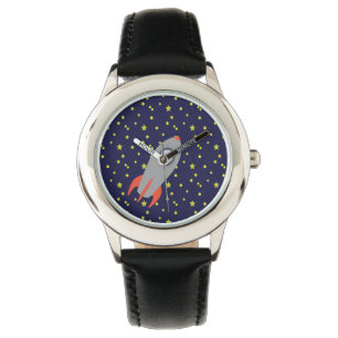 Montre Retro Rocket Ship avec Arrière - plan Motif étoile