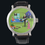 Montre Retro Urban Christmas Couple Watch<br><div class="desc">Cette Retro Urban Christmas Couple Watch présente le dessin d'un élégant appartement de grand standing décoré pour les vacances avec des brins de lumières colorées de Noël et un kitsch, rose, arbre de Noël, avec des ornements turquoises et une étoile jaune. L'appartement dispose d'un sol vert et d'un mur en...</div>