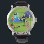 Montre Retro Urban Christmas Couple Watch<br><div class="desc">Cette Retro Urban Christmas Couple Watch présente le dessin d'un élégant appartement de grand standing décoré pour les vacances avec des brins de lumières colorées de Noël et un kitsch, rose, arbre de Noël, avec des ornements turquoises et une étoile jaune. L'appartement dispose d'un sol vert et d'un mur en...</div>