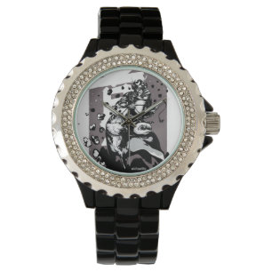 Montre Rhinestone Akita avec Enamel noir