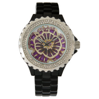 Montre Rhinestone florale violet 3D Élégance intemporelle