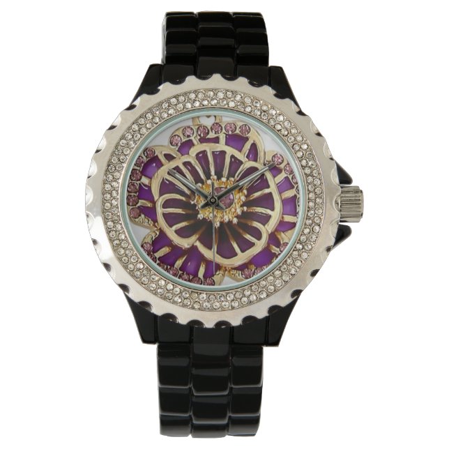 Montre Rhinestone florale violet 3D Élégance intemporelle (devant)
