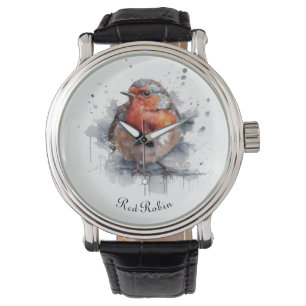 Montre Robin rouge mou en aquarelle