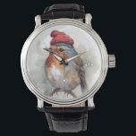Montre Robin Winter Delight<br><div class="desc">Ajoutez une touche de charme hivernal sophistiqué à son poignet avec notre montre pour hommes "Robin Winter Delight". Cette pièce d'époque distinguée présente l'illustration d'aquarelle d'un robin, emballé pour l'hiver dans une fabuleuse beanie rayée rouge et blanc surmontée d'un pompon moelleux, magnifiquement exposé sur le visage de la montre. Ce...</div>