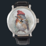 Montre Robin Winter Delight<br><div class="desc">Ajoutez une touche de charme hivernal sophistiqué à son poignet avec notre montre pour hommes "Robin Winter Delight". Cette pièce d'époque distinguée présente l'illustration d'aquarelle d'un robin, emballé pour l'hiver dans une fabuleuse beanie rayée rouge et blanc surmontée d'un pompon moelleux, magnifiquement exposé sur le visage de la montre. Ce...</div>