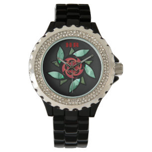 Montre Rose Abstrait - Rouge sur noir (Monogrammé)