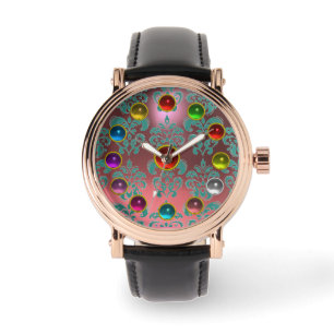 MONTRE ROSE BLEU TURQUOISE DAMASK ET 3D COLORÉS