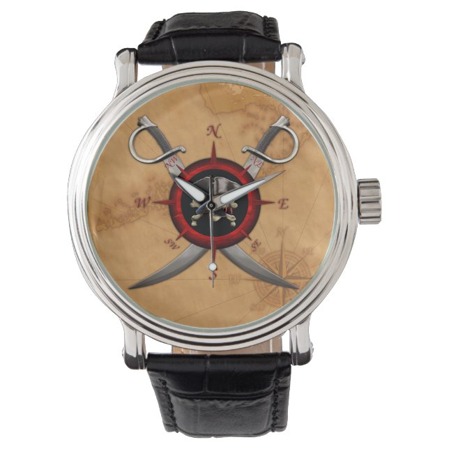 Montre Rose de boussole de crâne de pirate (devant)