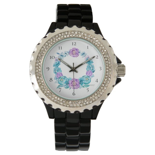 Montre *~* Rose de plage Turquoise Magenta Floral Wreath (devant)