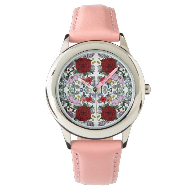 Montre rose en acier inoxydable Floral Kaleidoscop (devant)