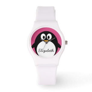 Montre rose et noir mignons de pingouin de bande dessiné
