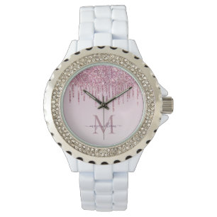Montre Rose Glitter Drips Monogramme et Nom Personnalisés