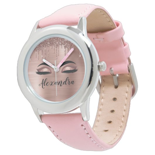 Montre Rose Gold Glitter Sparkle Eyelashes Monogram (Incliné)