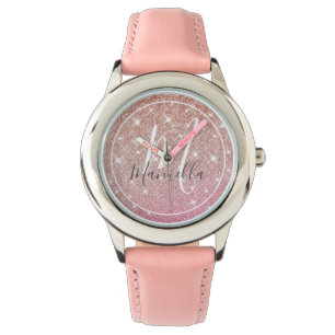 Montre Rose Gold Parties scintillant Monogramme Girl Pink