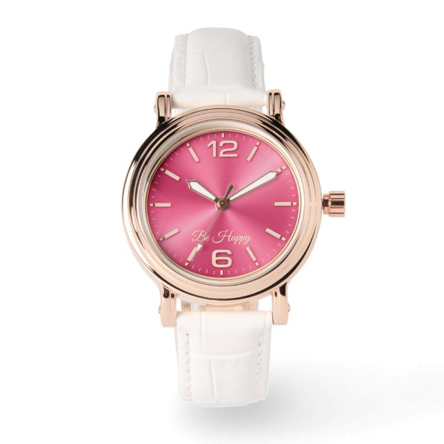 Montre Rose Gold & Pink "Be Happy" Watch with White Strap (Recto)