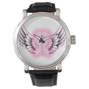 Montre rose/noir d'ailes de coeur de ruban