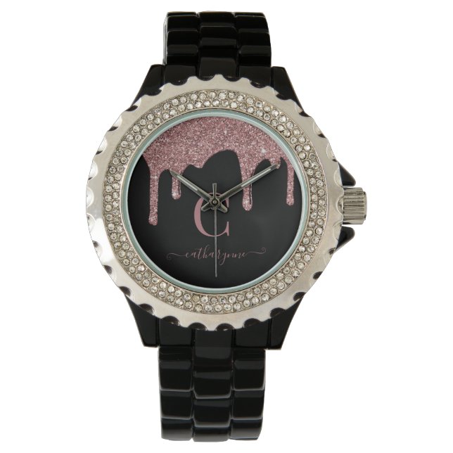 Montre Rose noir  or Parties scintillant gouttes Monogram (devant)