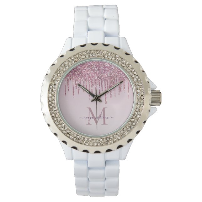 Montre Rose Parties scintillant Lecteurs Monogramme Perso (devant)