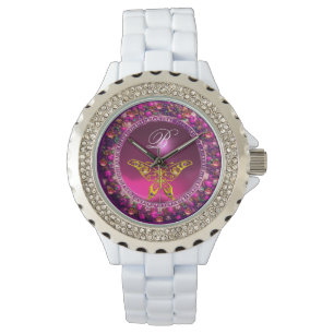 MONTRE ROSE PURPLE FLORAL DE LA COURONNE D'OR BOUTTERFLY,