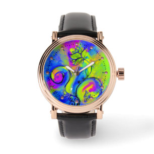 MONTRE ROSE PURPLE JAUNE VERT VERT WHIMSICAL FLEURS