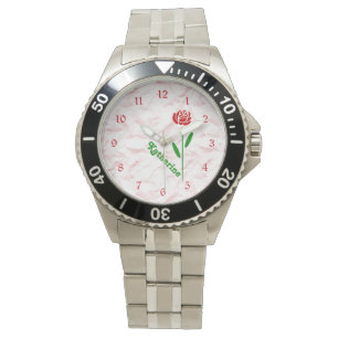 Montre Rose rouge unique Tige verte Feuilles Personnalise