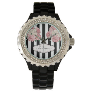 Montre Roses avec les rayures noires et blanches