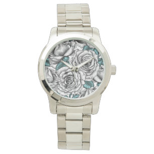 Montre Roses blanches avec feuilles bleus