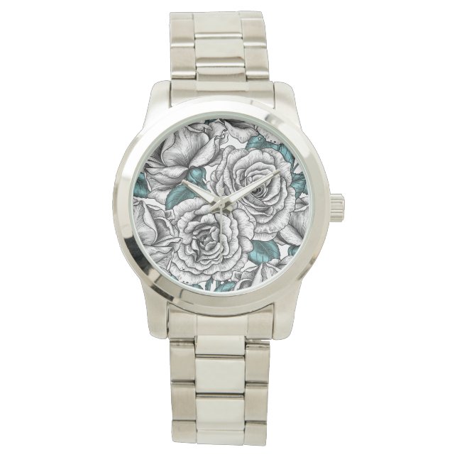 Montre Roses blanches avec feuilles bleus (devant)