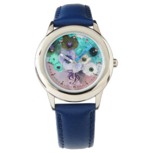 MONTRE ROSES BLANCS TURQUOISES BLEU, MONOGRAMME DES FLEUR