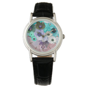 MONTRE ROSES BLANCS TURQUOISES BLEU, MONOGRAMME DES FLEUR
