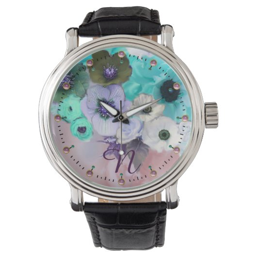 MONTRE ROSES BLANCS TURQUOISES BLEU, MONOGRAMME DES FLEUR (devant)