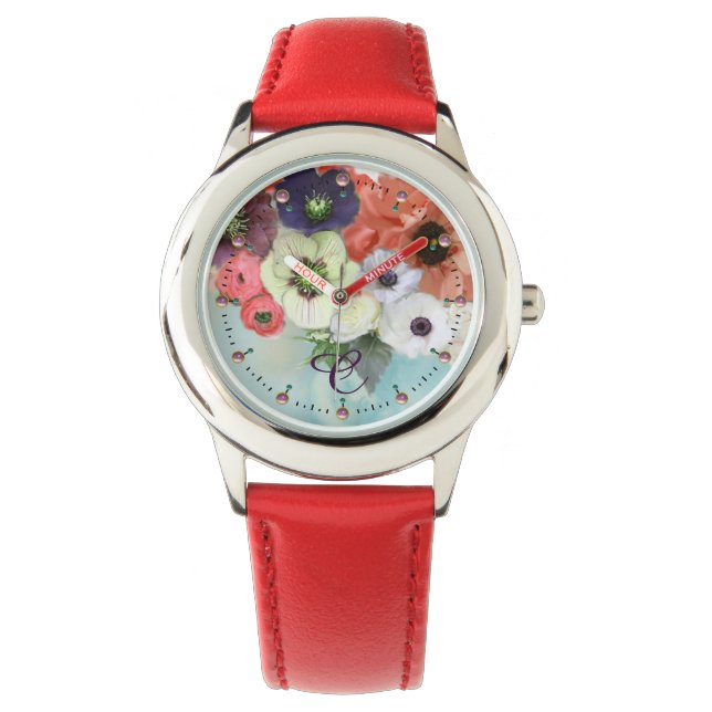 MONTRE ROSES ROUGES BLANCHES, FLEURS D'ANÉMONE BLEUE MONO (devant)